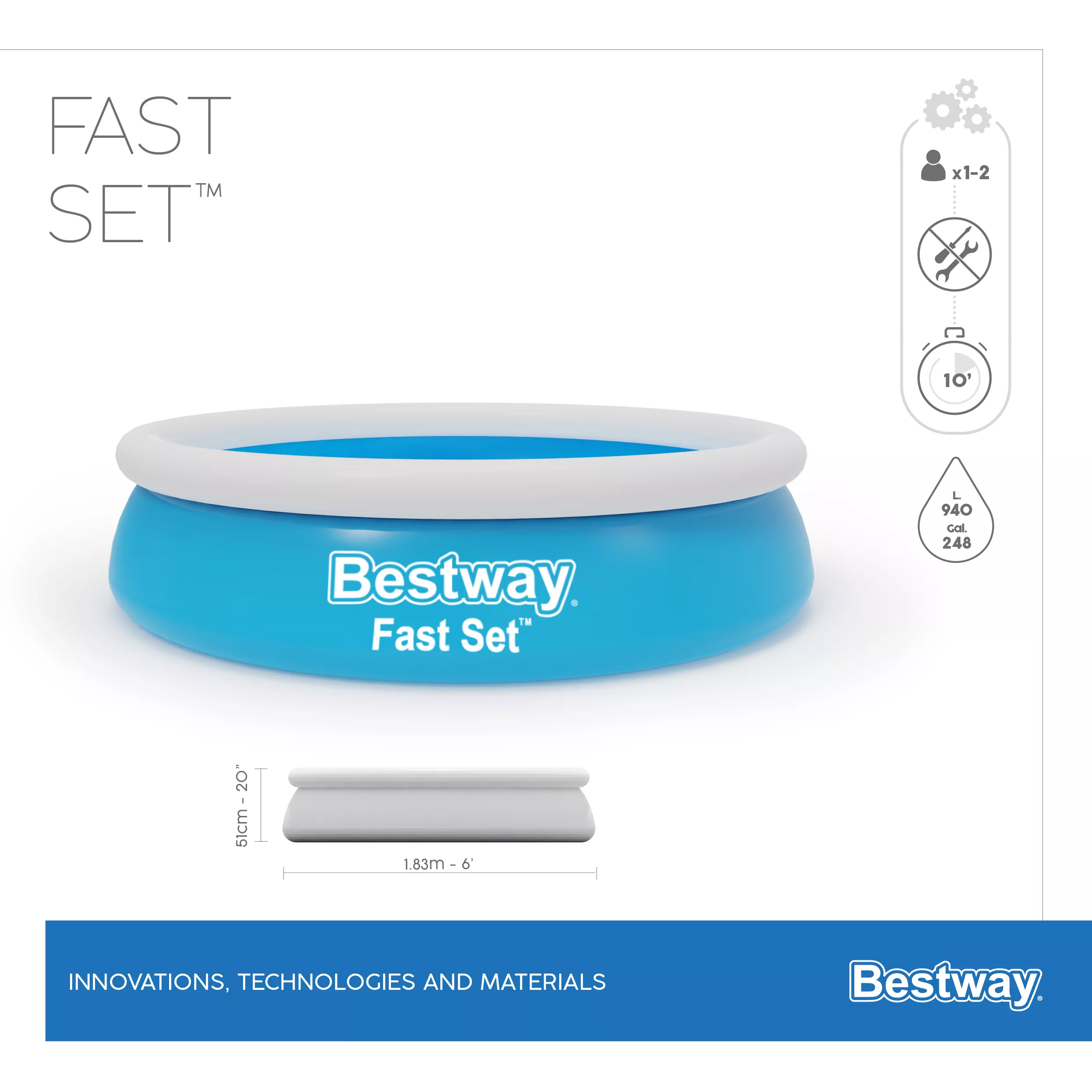 Bestway Fast Set™ Plain ABS Plastic & PVC Family Lounge Pool (W) 1.83m X (L) 1.83m 5 Bestway Fast Set™ Plain ABS Plastic & PVC Family Lounge Pool (W) 1.83m X (L) 1.83m - Image 5