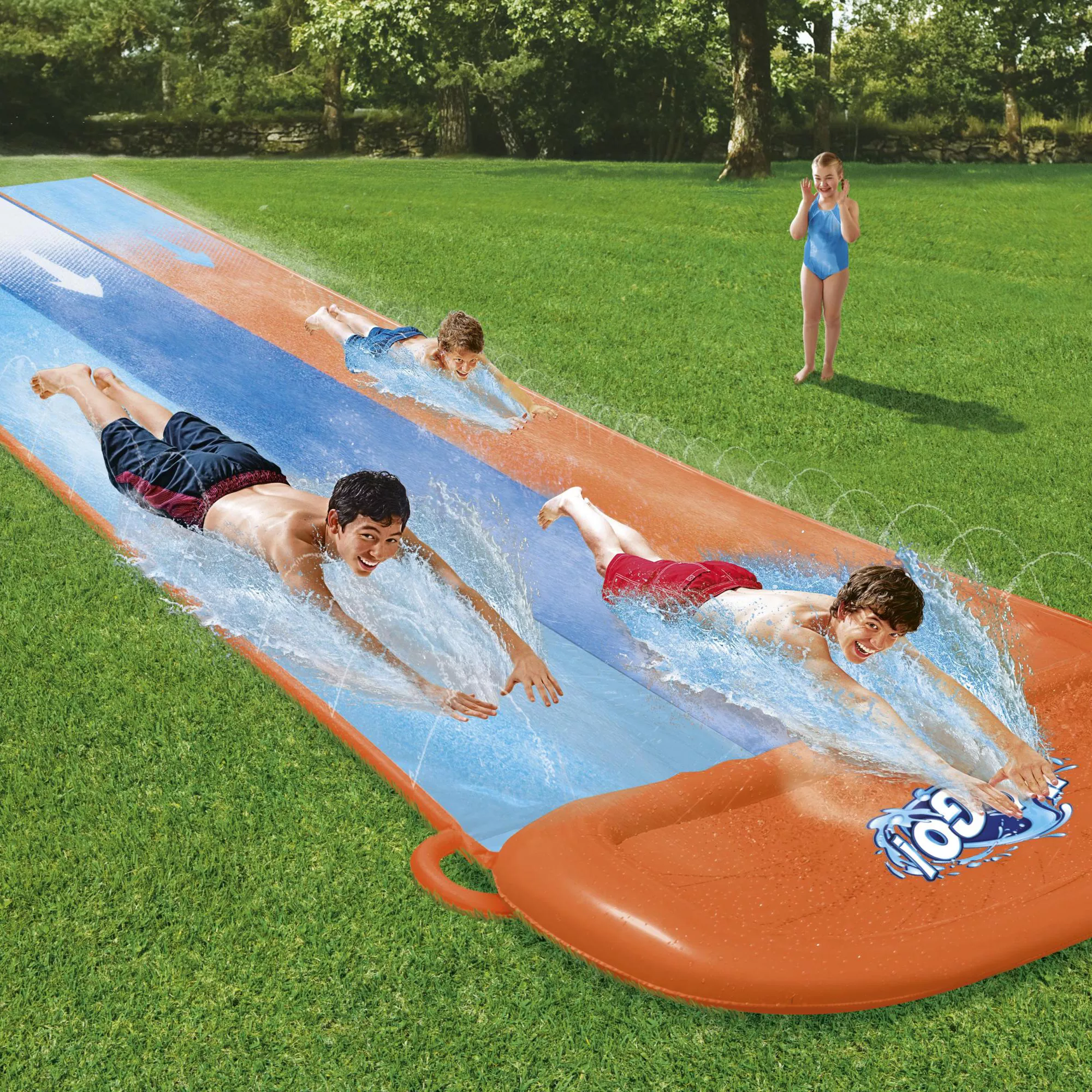 Bestway Orange & Blue Rectangular Triple Lane Slide With Sprinkler System At One End Water Slide 4 Bestway Orange & Blue Rectangular Triple Lane Slide With Sprinkler System At One End Water Slide - Image 4