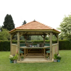 Forest Garden Furnished Cedar Roof Hexagonal Gazebo, (W)4900mm (D)4240mm (Green Cushion Included)