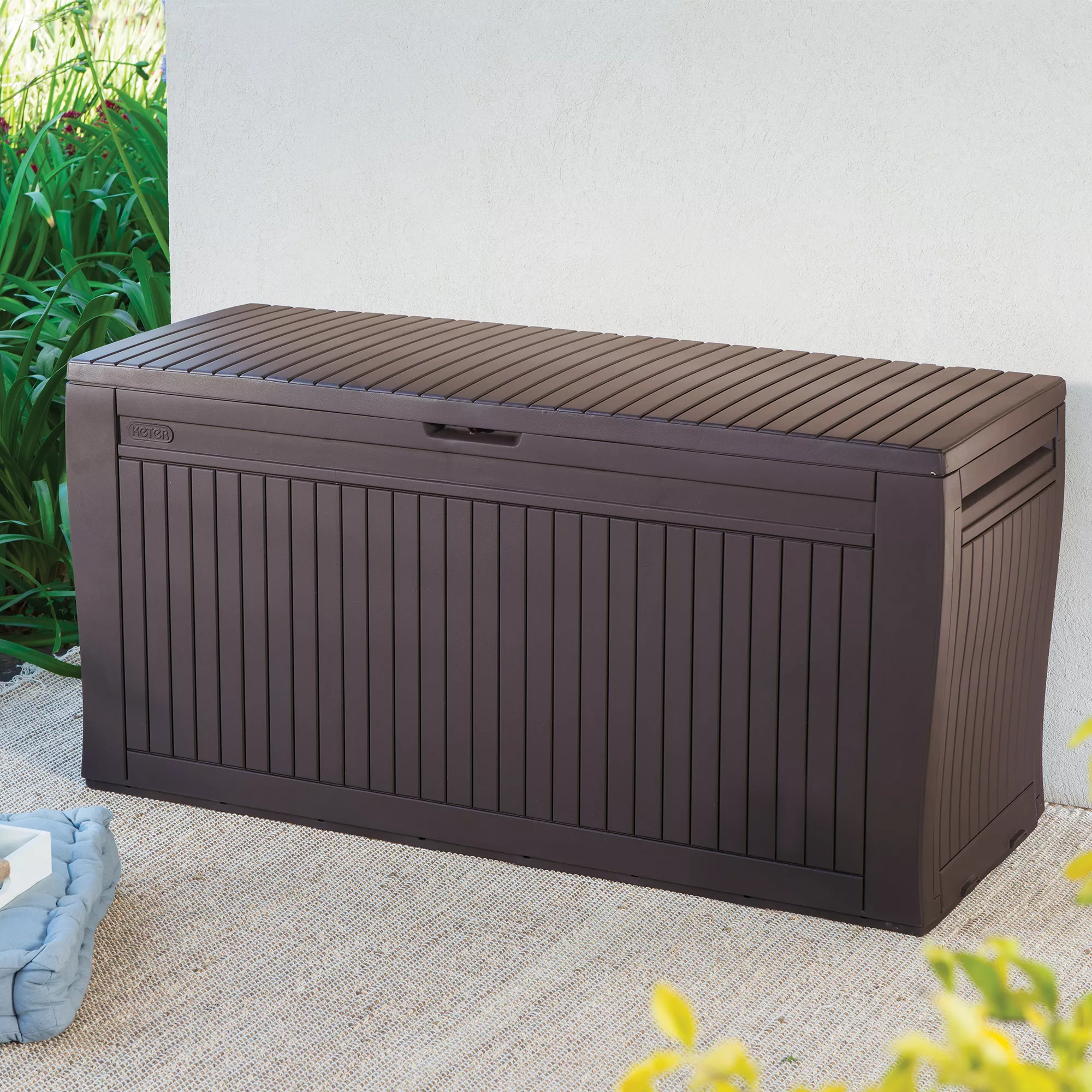 Keter Comfy Wood Effect Plastic Garden Storage Box 270L 1 Keter Comfy Wood Effect Plastic Garden Storage Box 270L