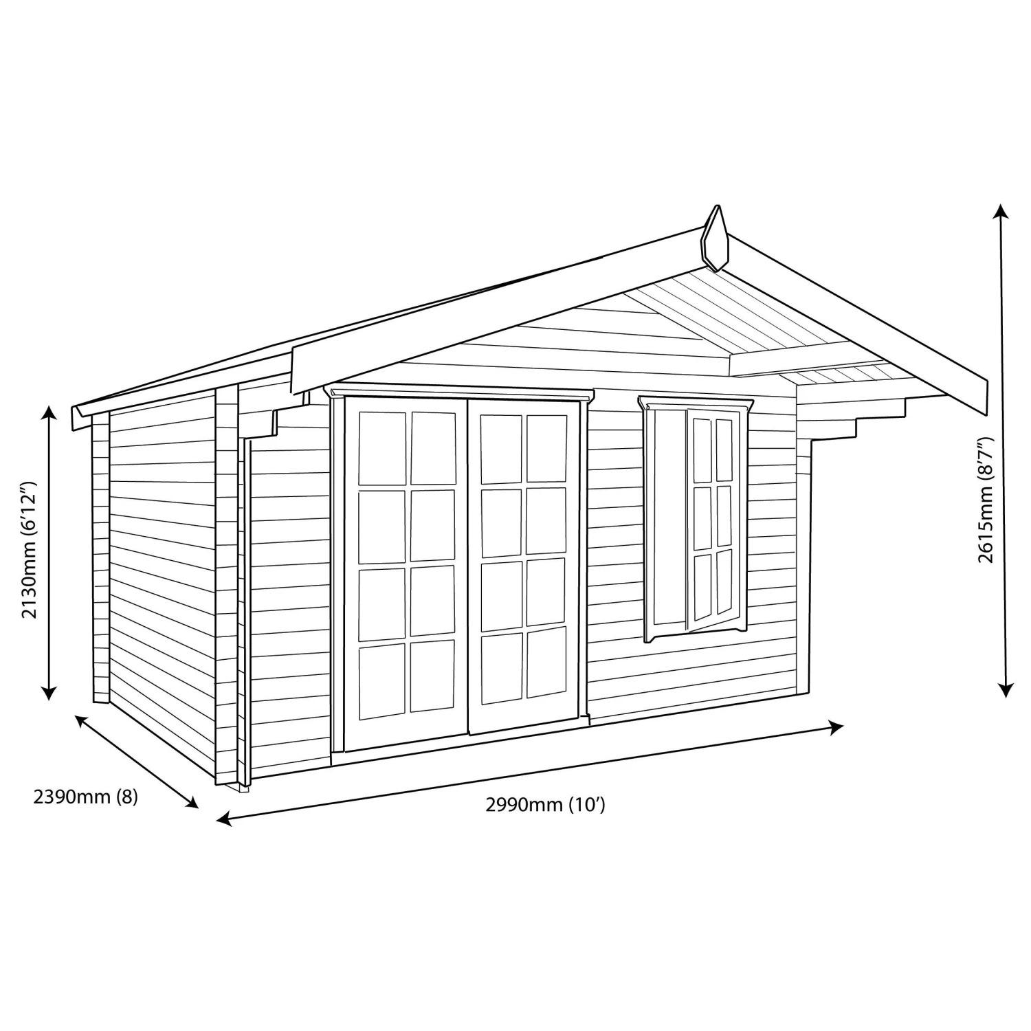 Shire Cannock 12x8 Ft Toughened Glass Apex Tongue & Groove Wooden Cabin With Felt Tile Roof 6 Shire Cannock 12x8 Ft Toughened Glass Apex Tongue & Groove Wooden Cabin With Felt Tile Roof - Image 6
