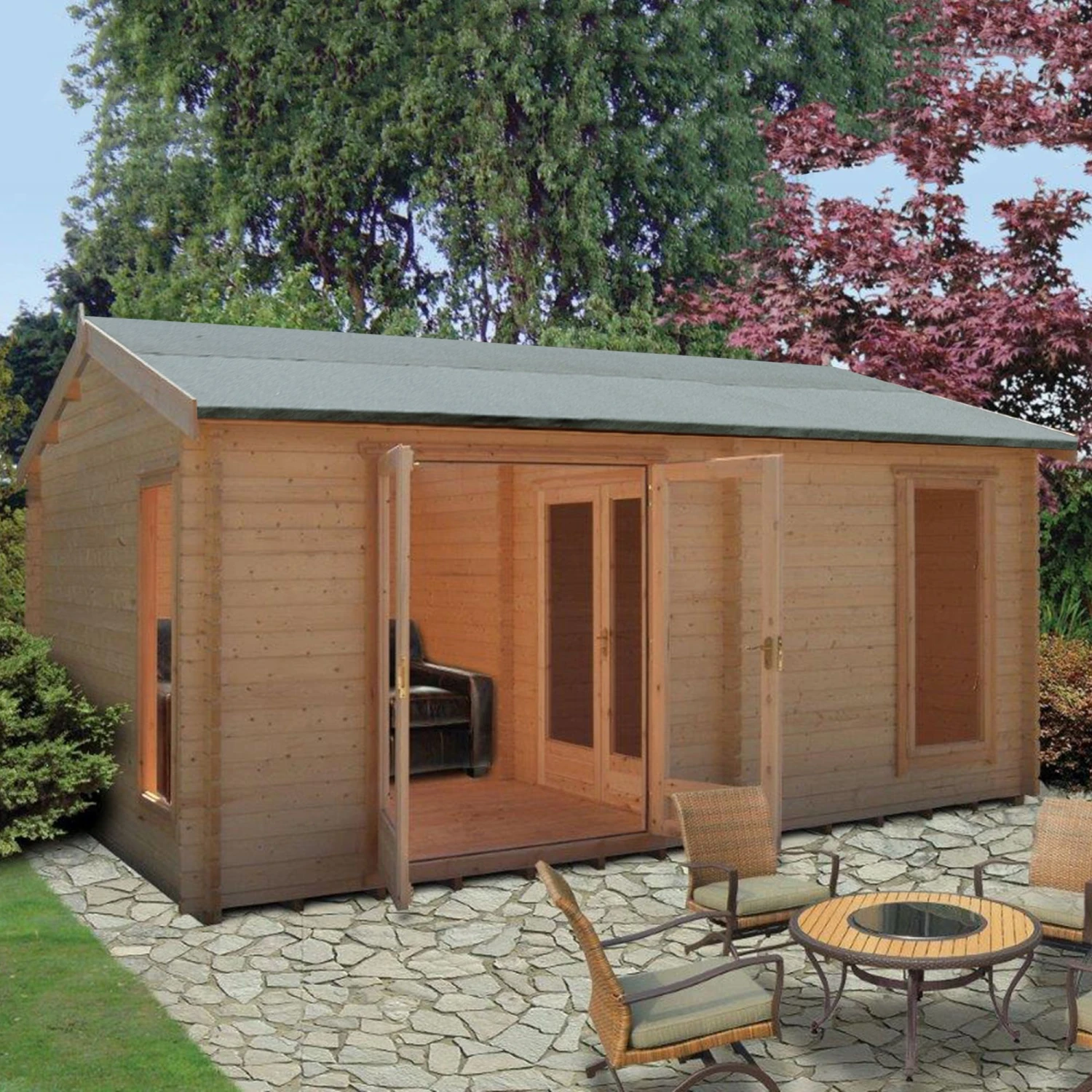 Shire Firestone 13x17 Ft Toughened Glass Apex Tongue & Groove Wooden Cabin With Tile Roof - Assembly Service Included 1 Shire Firestone 13x17 Ft Toughened Glass Apex Tongue & Groove Wooden Cabin With Tile Roof - Assembly Service Included
